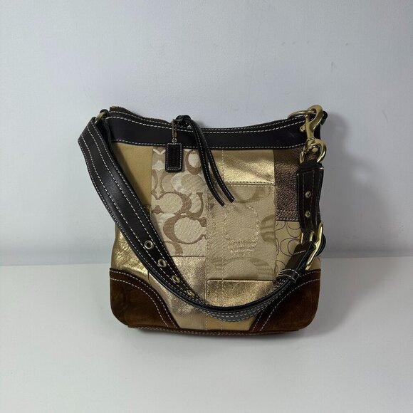 Y2K Coach Signature C Patchwork Gold Medium Shoulder Crosbody Bag F10387 Vintage - Picture 1 of 16